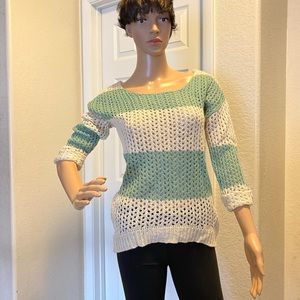 Asymmetrical sweater size medium, light green and beige, open-knit, sale 2x12.00